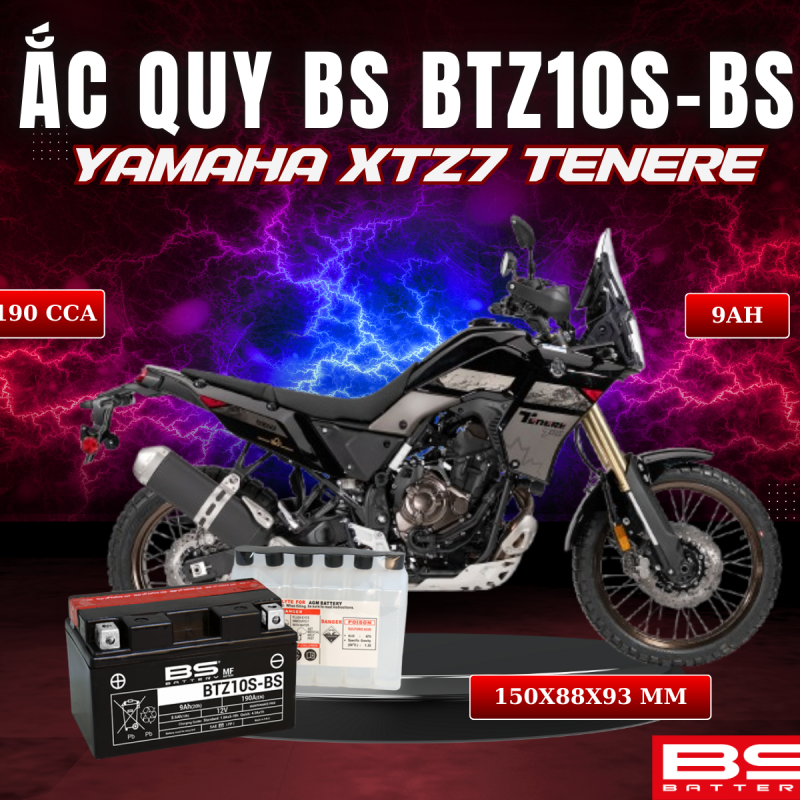 BÌNH ẮC QUY BS BATTERY BTZ10S-BS 190CCA YAMAHA XTZ7 TENERE (150 x 88 x 93 mm)