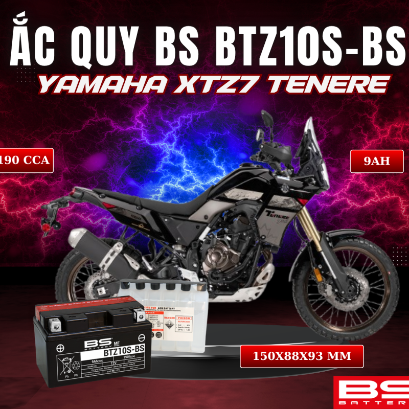 ẮC QUY BS BATTERY BTZ10S-BS 190CCA YAMAHA XTZ7 TENERE (150 x 88 x 93 mm)