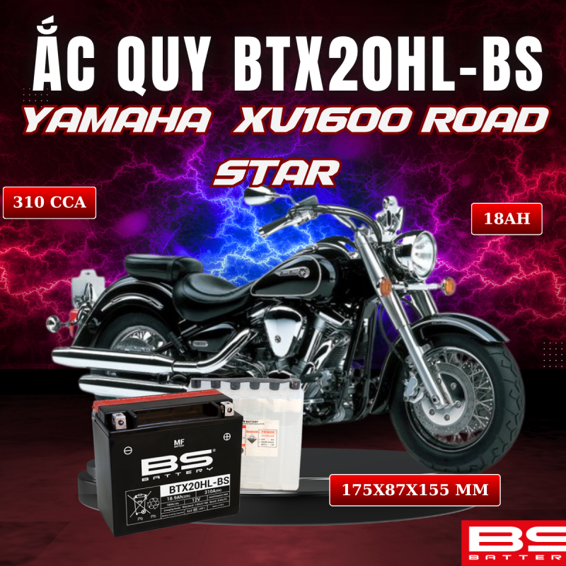 ẮC QUY BS BTX20HL-BS 310CCA YAMAHA XV1600 ROAD STAR (175x87x155 mm)