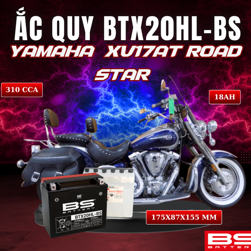 ẮC QUY BS BTX20HL-BS 310CCA YAMAHA XV17AT ROAD STAR (175x87x155 mm)