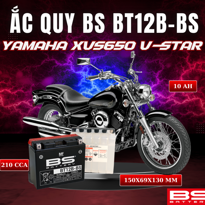 BÌNH ẮC QUY BS BT12B-BS 210CCA YAMAHA XVS650 V-STAR (150x69x130 mm)