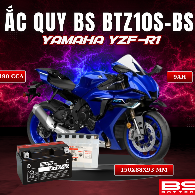 ẮC QUY BS BATTERY BTZ10S-BS 190CCA YAMAHA YZF R1 (150 x 88 x 93 mm)