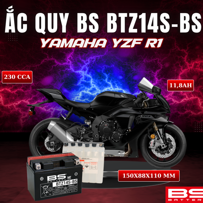 ẮC QUY BS BATTERY BTZ14S-BS 230CCA YAMAHA YZF R1 (150 x 88 x 110mm)