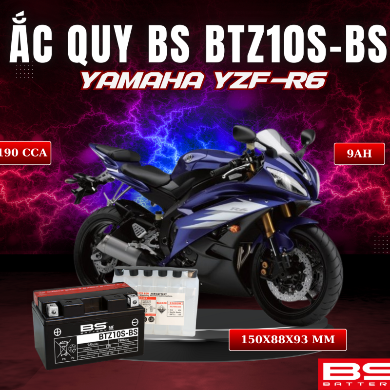 BÌNH ẮC QUY BS BATTERY BTZ10S-BS 190CCA YAMAHA YZF-R6 (150 x 88 x 93 mm)