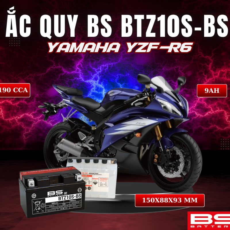 ẮC QUY BS BATTERY BTZ10S-BS 190CCA YAMAHA YZF R6 (150 x 88 x 93 mm)