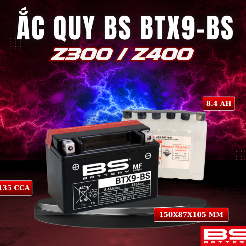 ẮC QUY BS BATTERY BTX9-BS 135CCA KAWASAKI Z400 (150 x 87 x 105 mm)